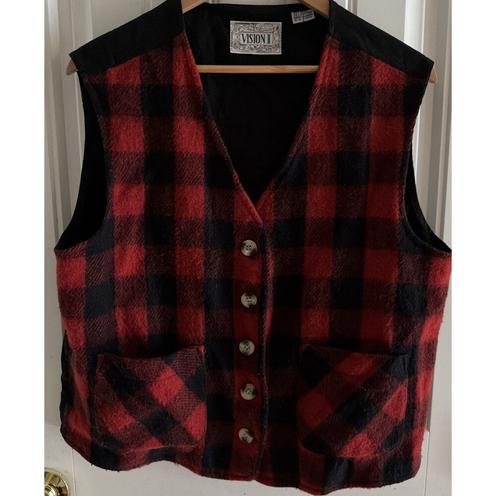 Vintage Plaid Wool Blend Vest Women’s L Vision 1 Black Red